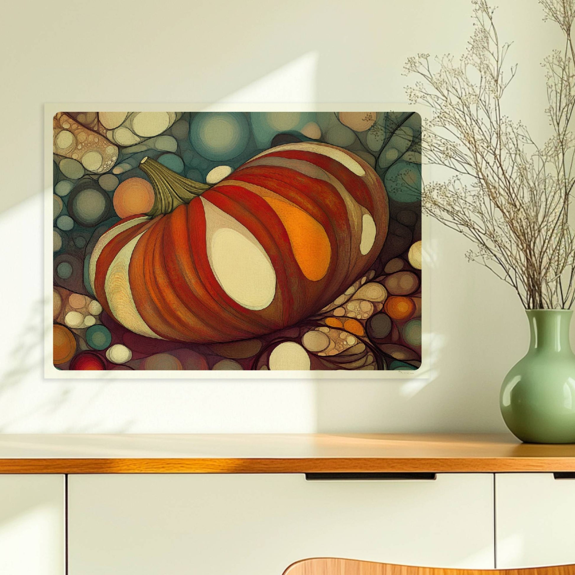Kürbis mit buntem, gestreiftem Muster in einer organischen Blasenlandschaft, herbstlich dekorativ.. Ohne Rahmen 70x50