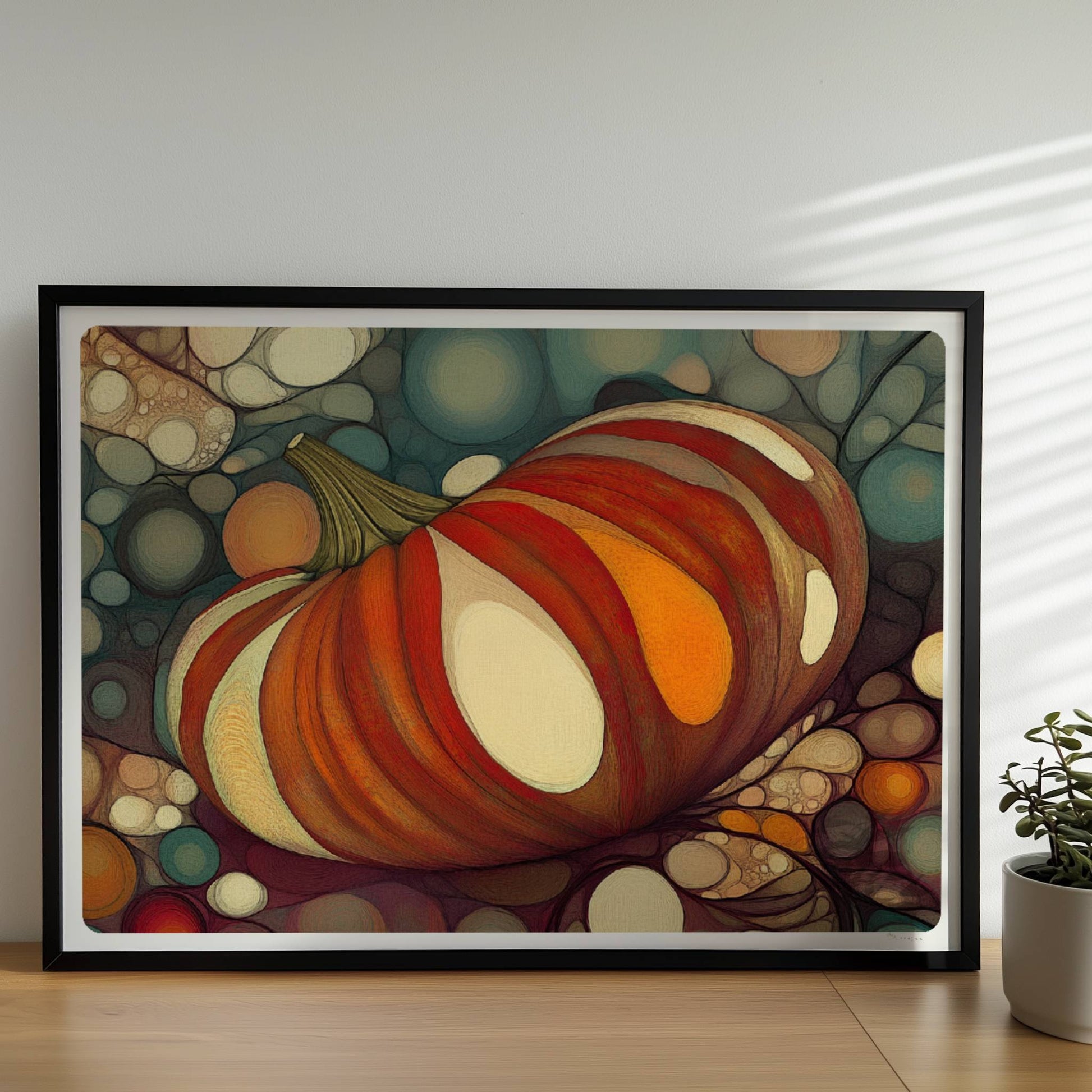 Kürbis mit buntem, gestreiftem Muster in einer organischen Blasenlandschaft, herbstlich dekorativ.. Rahmen schwarz 70x50