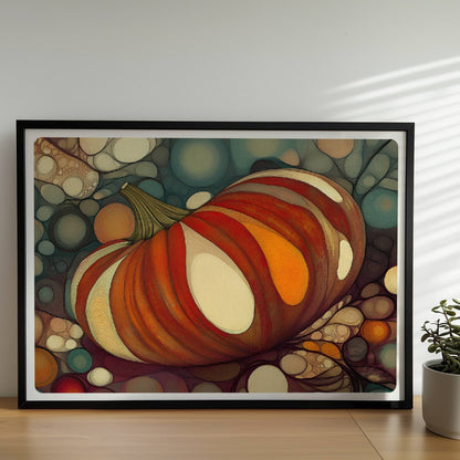 Kürbis mit buntem, gestreiftem Muster in einer organischen Blasenlandschaft, herbstlich dekorativ.. Rahmen schwarz 70x50