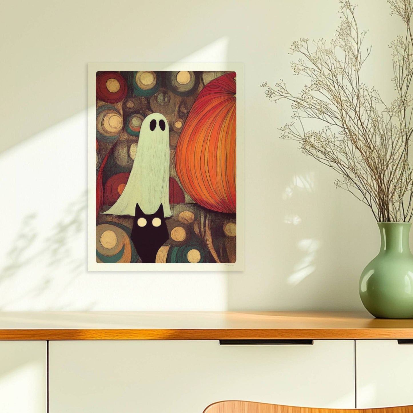 Kleines Geistwesen neben Kürbis in mystischer Blasenlandschaft – fantasievolle Halloween-Szene.. Ohne Rahmen 30x40