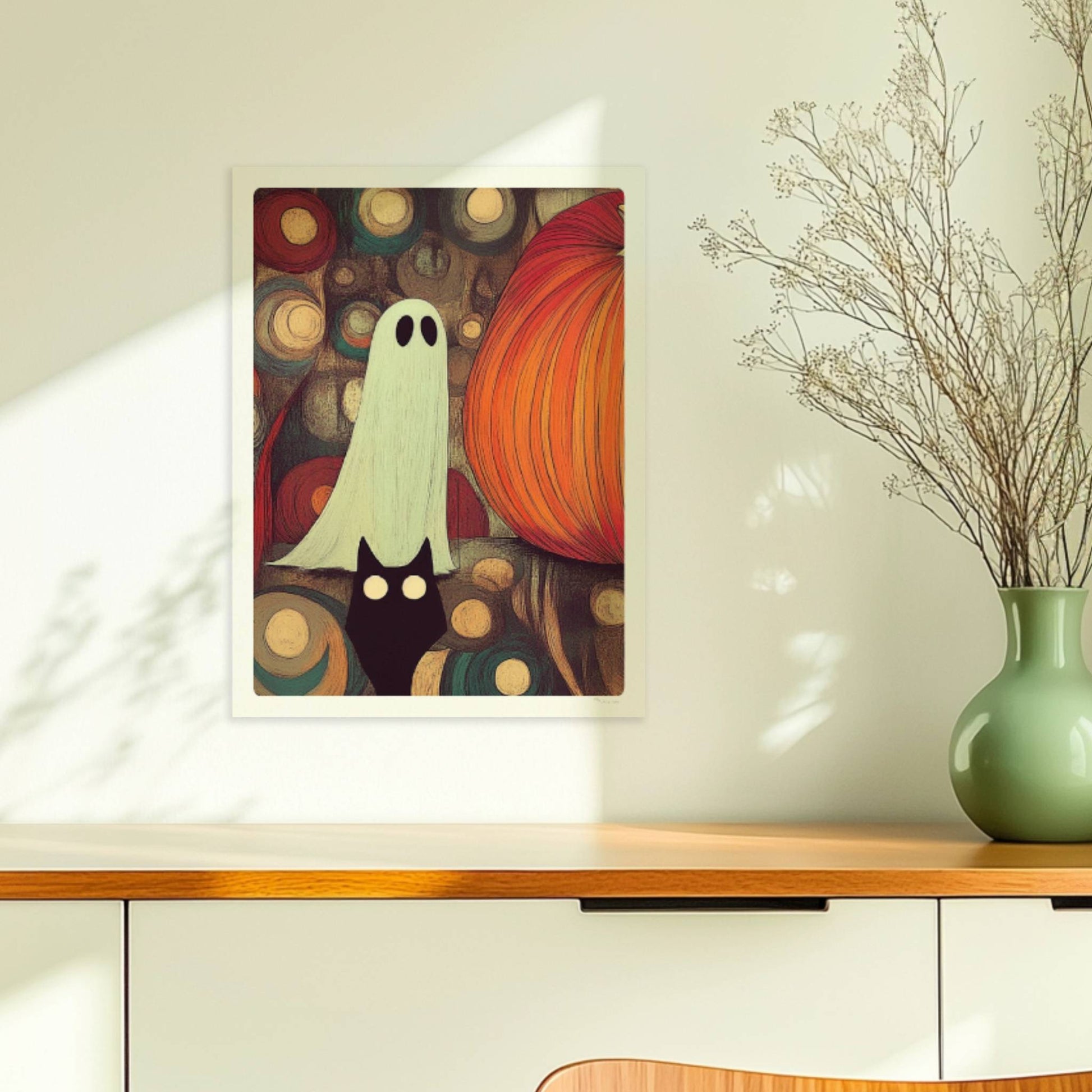 Kleines Geistwesen neben Kürbis in mystischer Blasenlandschaft – fantasievolle Halloween-Szene.. Ohne Rahmen 30x40