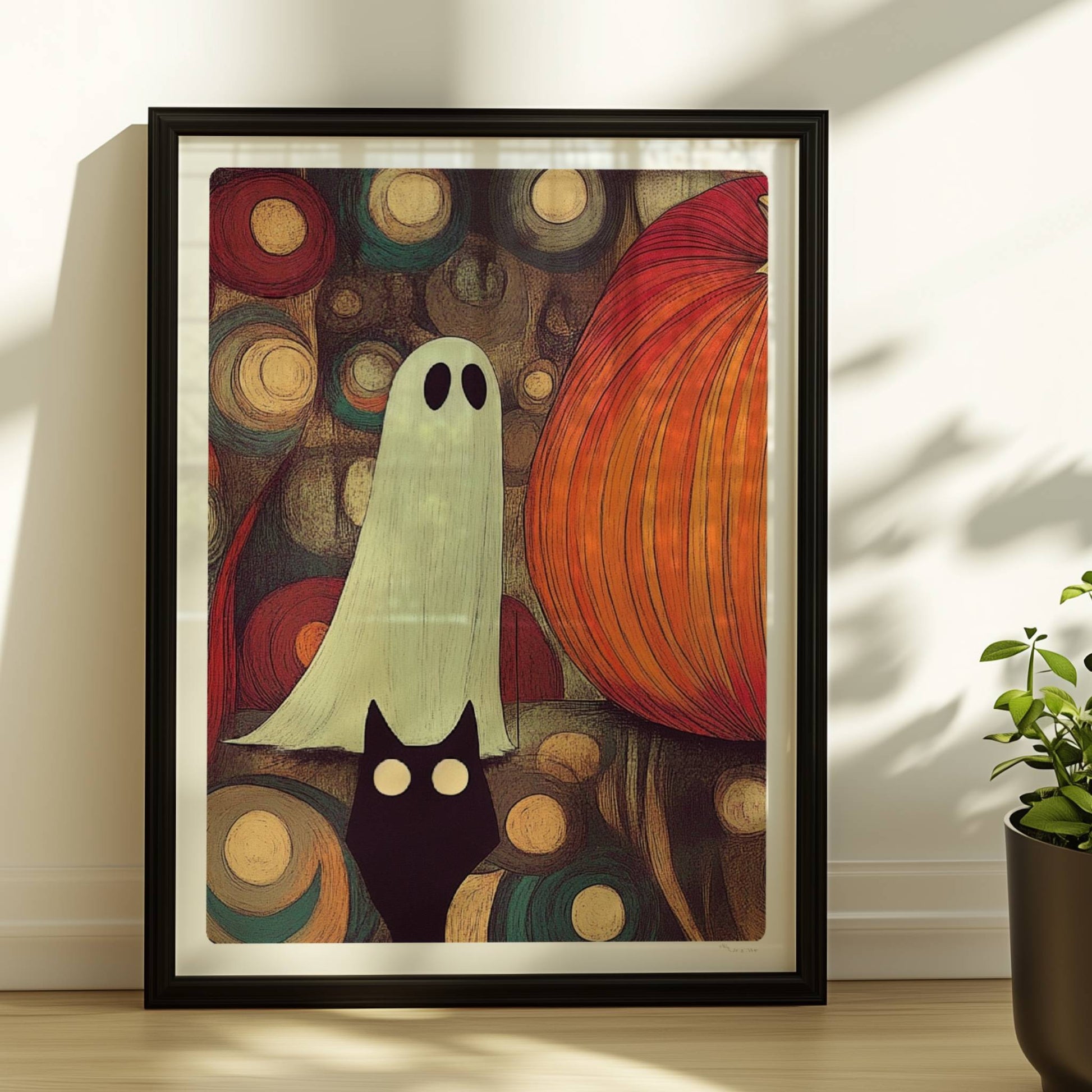 Kleines Geistwesen neben Kürbis in mystischer Blasenlandschaft – fantasievolle Halloween-Szene.. Rahmen schwarz 30x40