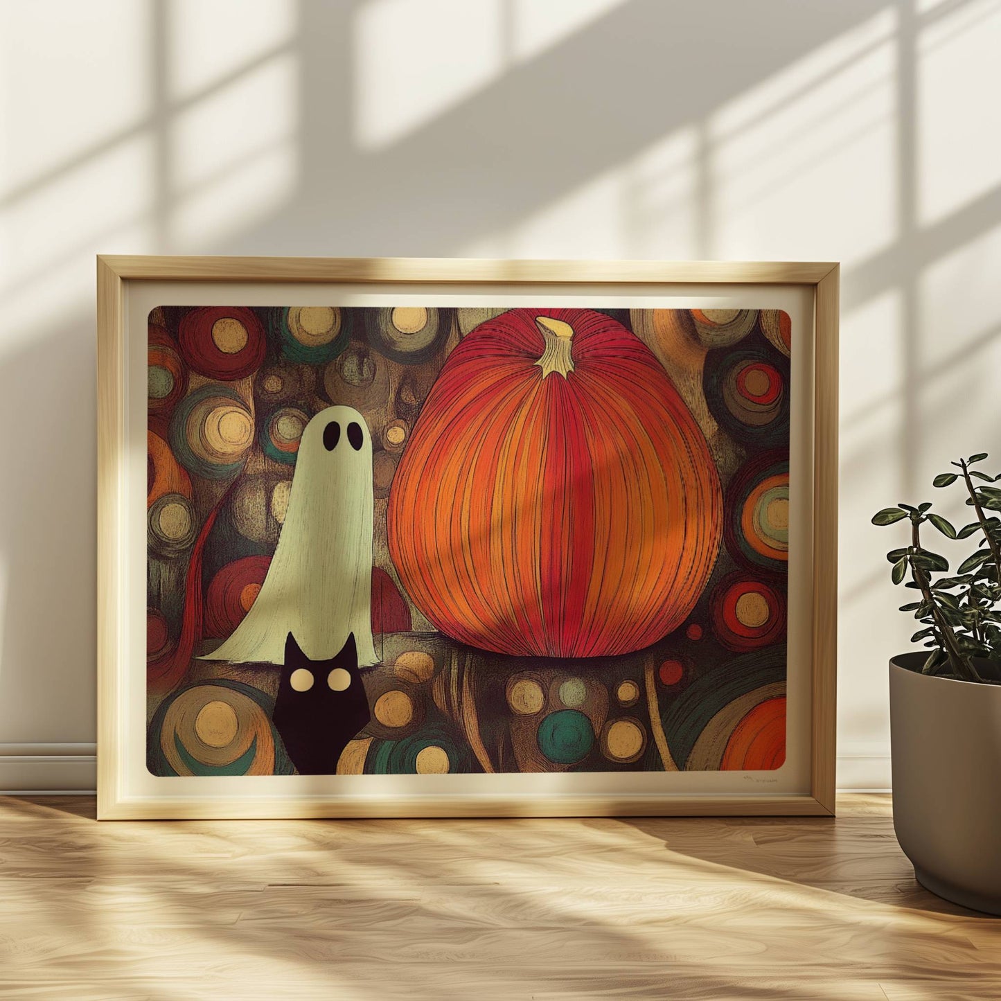 Kleines Geistwesen neben Kürbis in mystischer Blasenlandschaft – fantasievolle Halloween-Szene.. Rahmen natur 40x30