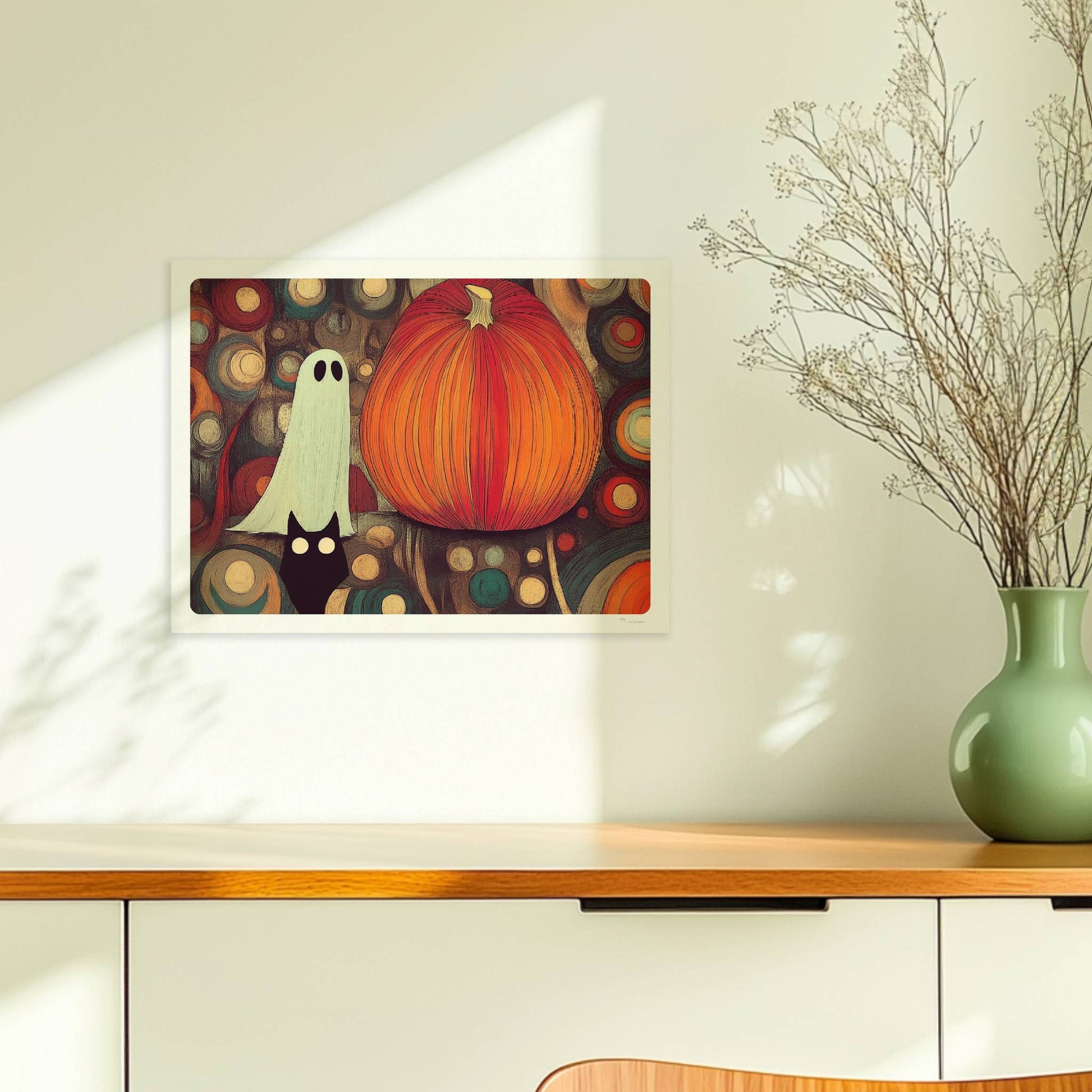 Kleines Geistwesen neben Kürbis in mystischer Blasenlandschaft – fantasievolle Halloween-Szene.. Ohne Rahmen 40x30