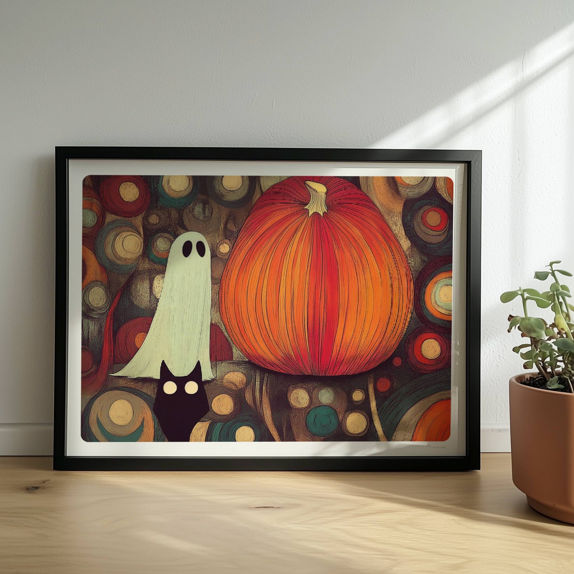 Kleines Geistwesen neben Kürbis in mystischer Blasenlandschaft – fantasievolle Halloween-Szene.. Rahmen schwarz 40x30