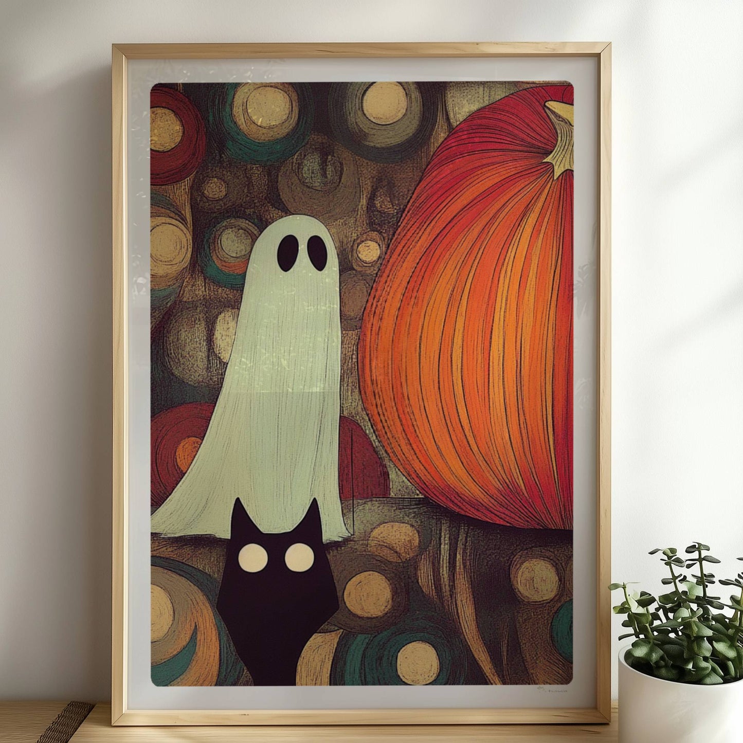 Kleines Geistwesen neben Kürbis in mystischer Blasenlandschaft – fantasievolle Halloween-Szene.. Rahmen natur 50x70