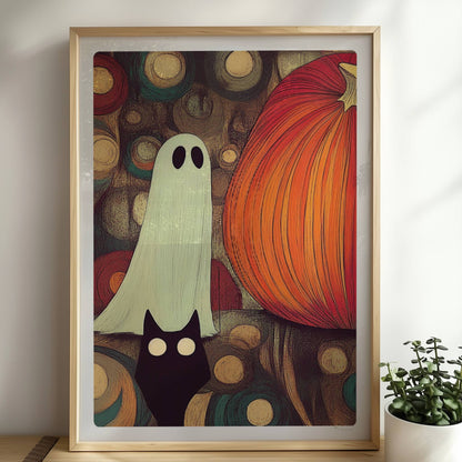 Kleines Geistwesen neben Kürbis in mystischer Blasenlandschaft – fantasievolle Halloween-Szene.. Rahmen natur 50x70