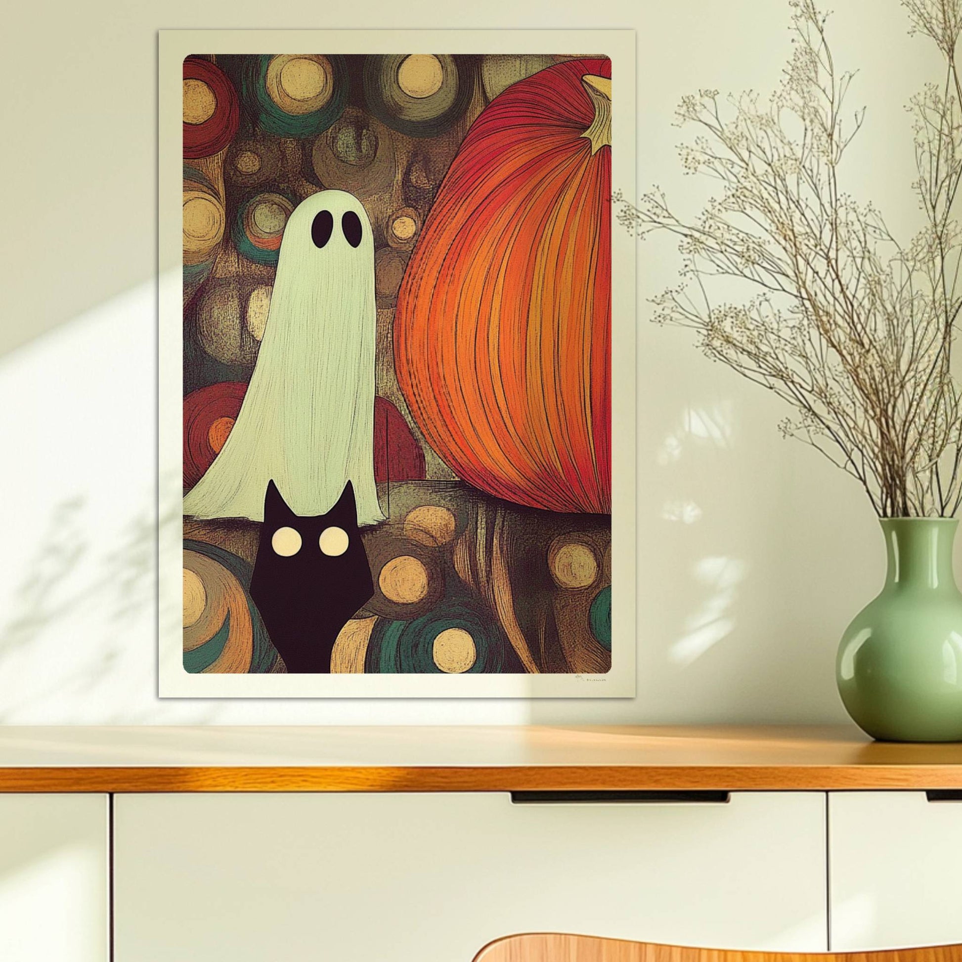 Kleines Geistwesen neben Kürbis in mystischer Blasenlandschaft – fantasievolle Halloween-Szene.. Ohne Rahmen 50x70
