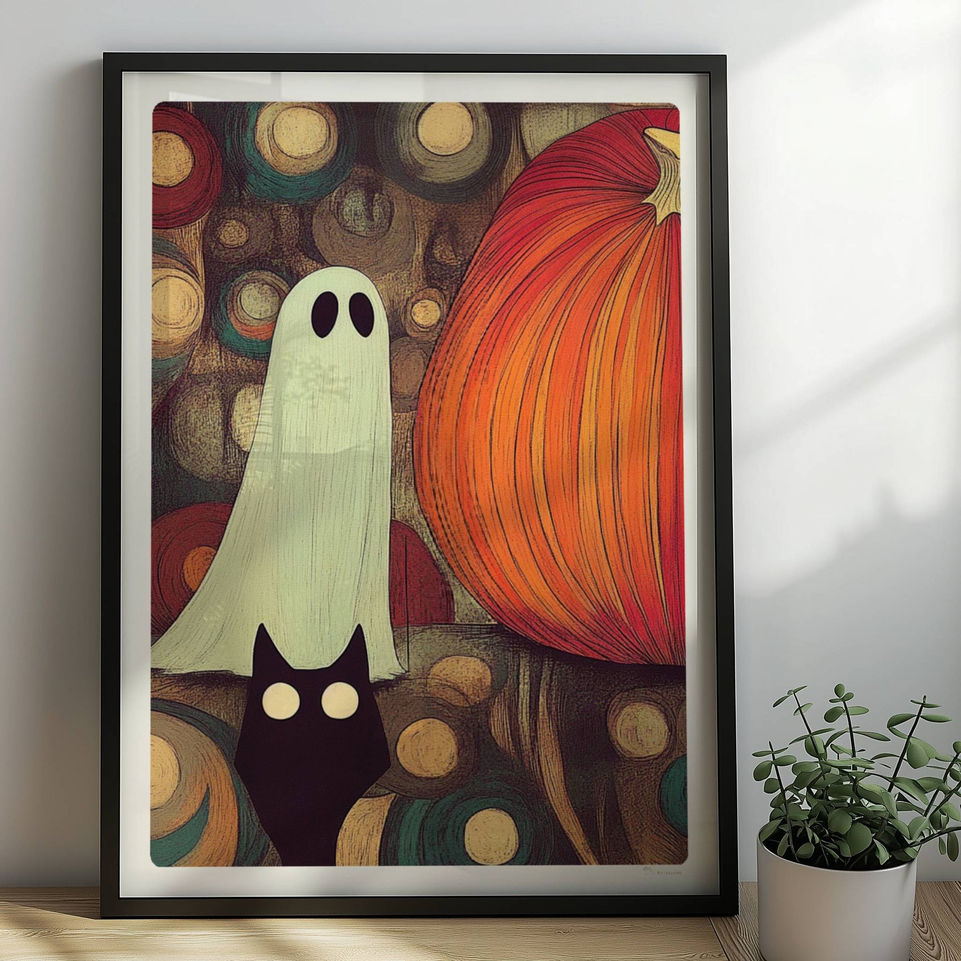 Kleines Geistwesen neben Kürbis in mystischer Blasenlandschaft – fantasievolle Halloween-Szene.. Rahmen schwarz 50x70