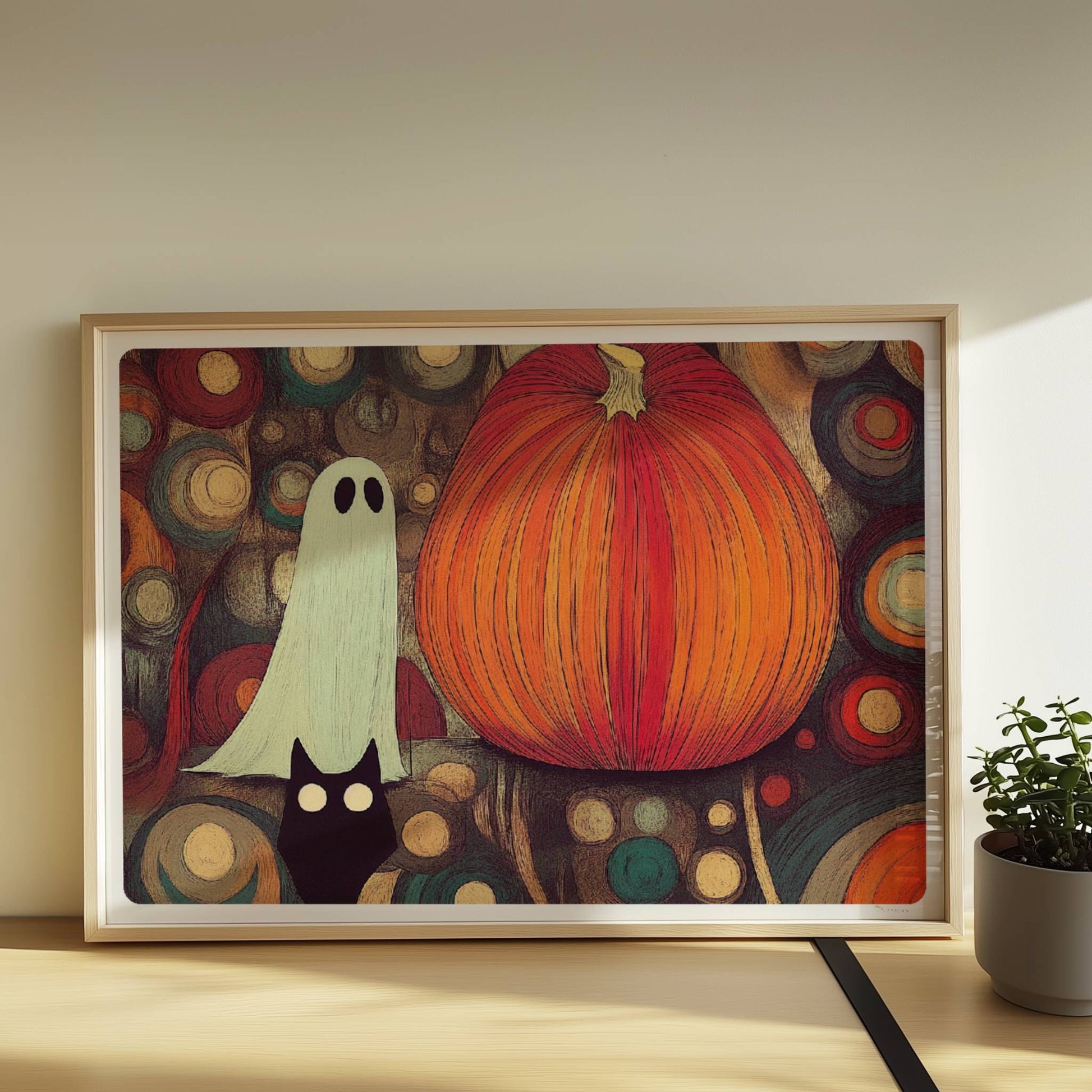 Kleines Geistwesen neben Kürbis in mystischer Blasenlandschaft – fantasievolle Halloween-Szene.. Rahmen natur 70x50