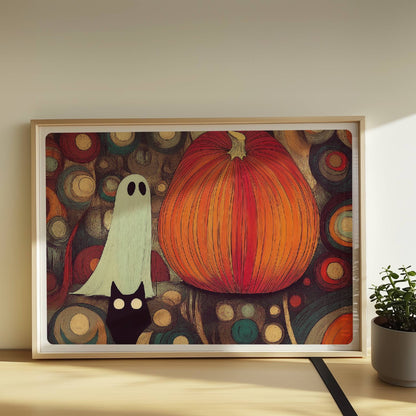 Kleines Geistwesen neben Kürbis in mystischer Blasenlandschaft – fantasievolle Halloween-Szene.. Rahmen natur 70x50