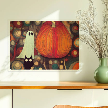 Kleines Geistwesen neben Kürbis in mystischer Blasenlandschaft – fantasievolle Halloween-Szene.. Ohne Rahmen 70x50
