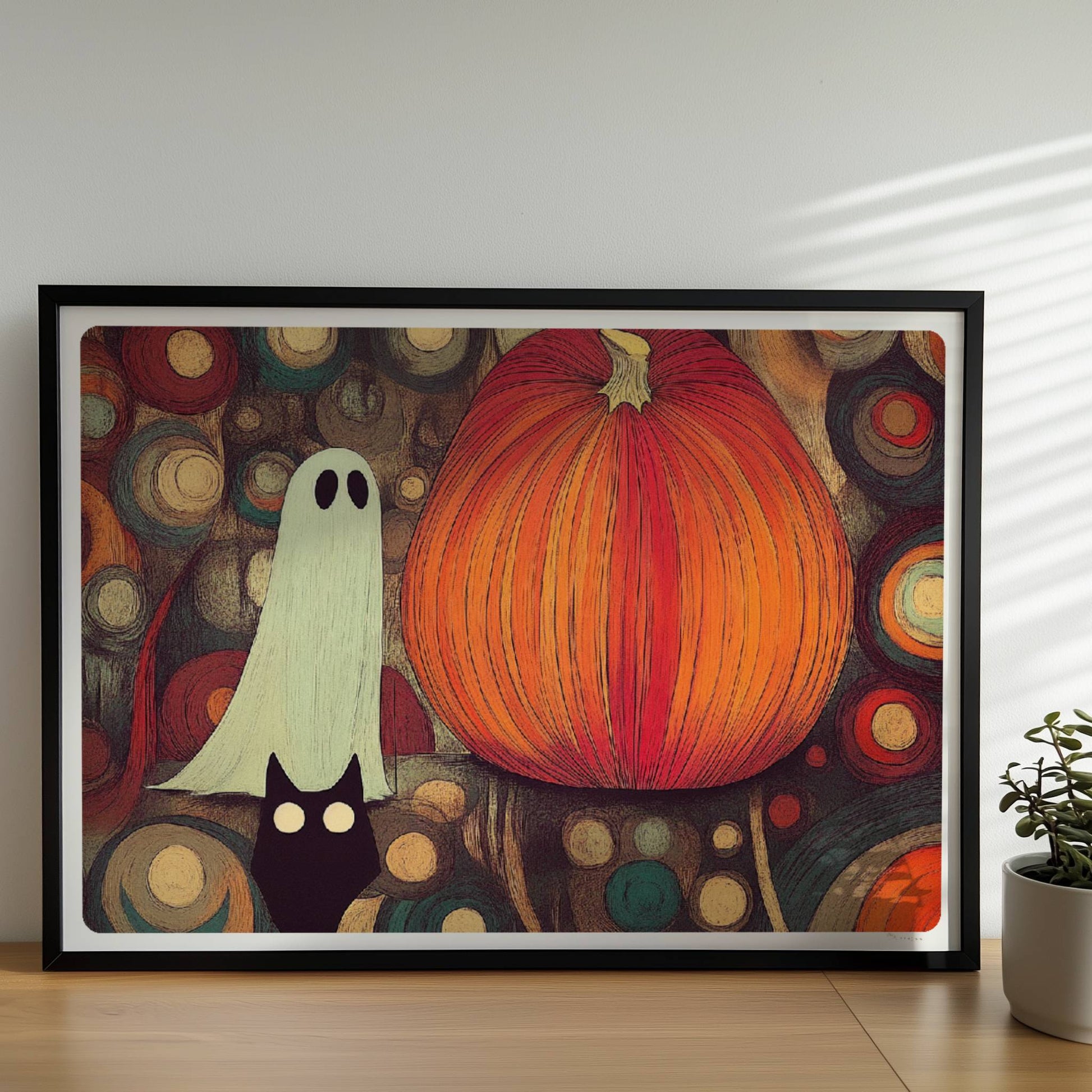 Kleines Geistwesen neben Kürbis in mystischer Blasenlandschaft – fantasievolle Halloween-Szene.. Rahmen schwarz 70x50