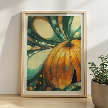 Abstrakter Kürbis mit surrealen Blasenformen und leuchtenden Farben in kunstvoller Komposition.. Rahmen natur 30x40