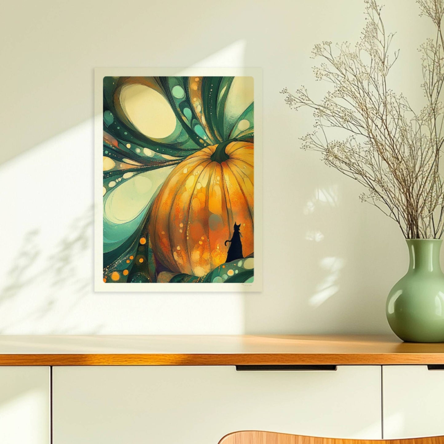 Abstrakter Kürbis mit surrealen Blasenformen und leuchtenden Farben in kunstvoller Komposition.. Ohne Rahmen 30x40