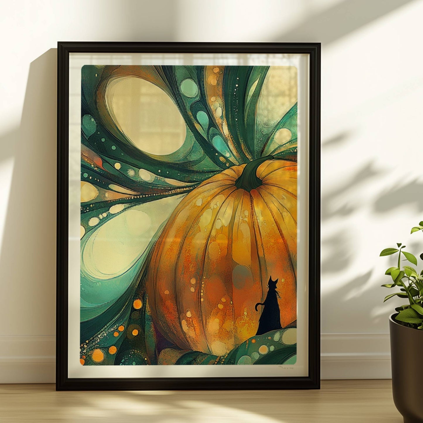 Abstrakter Kürbis mit surrealen Blasenformen und leuchtenden Farben in kunstvoller Komposition.. Rahmen schwarz 30x40