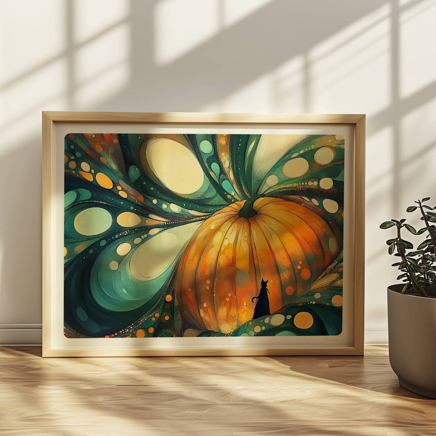 Abstrakter Kürbis mit surrealen Blasenformen und leuchtenden Farben in kunstvoller Komposition.. Rahmen natur 40x30