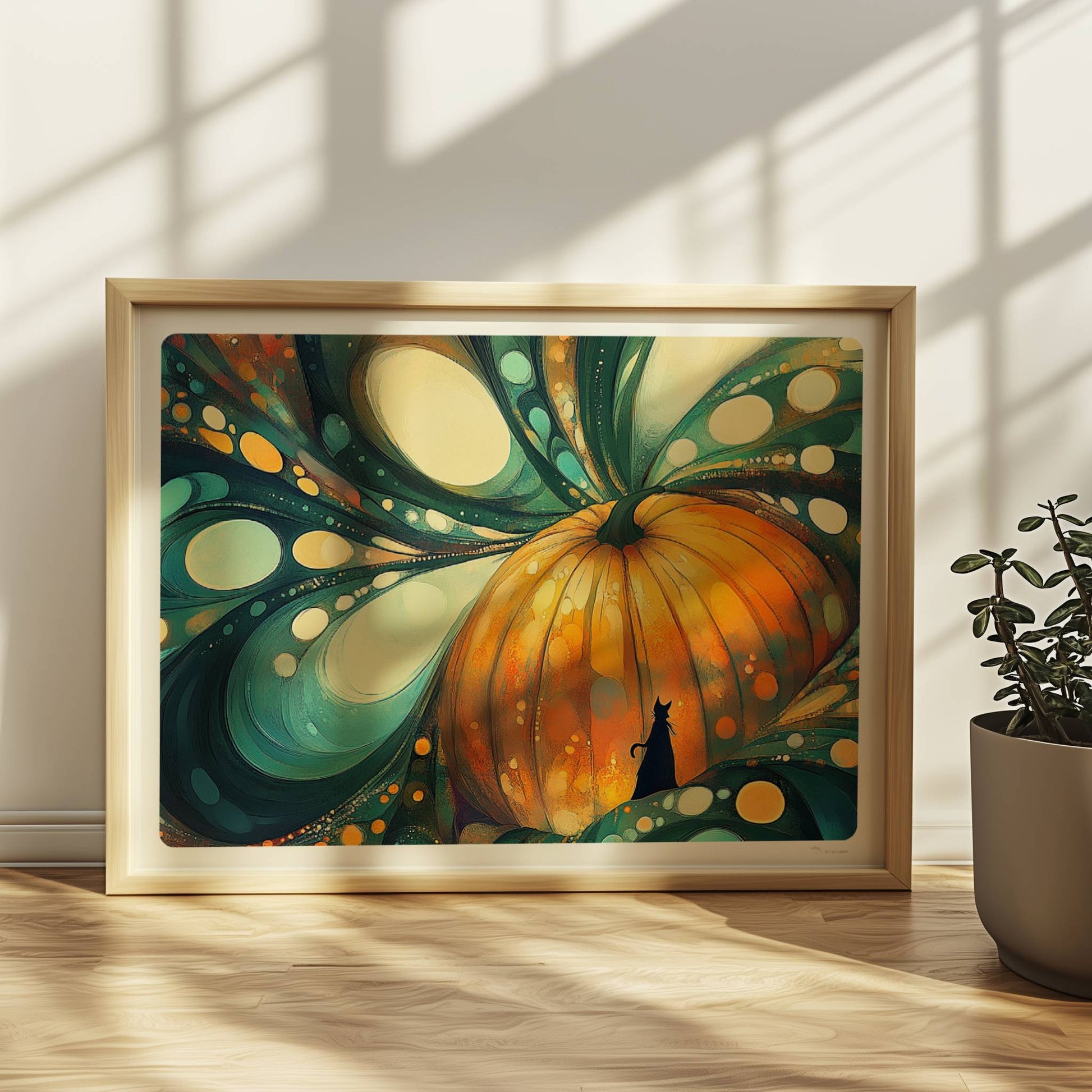 Abstrakter Kürbis mit surrealen Blasenformen und leuchtenden Farben in kunstvoller Komposition.. Rahmen natur 40x30