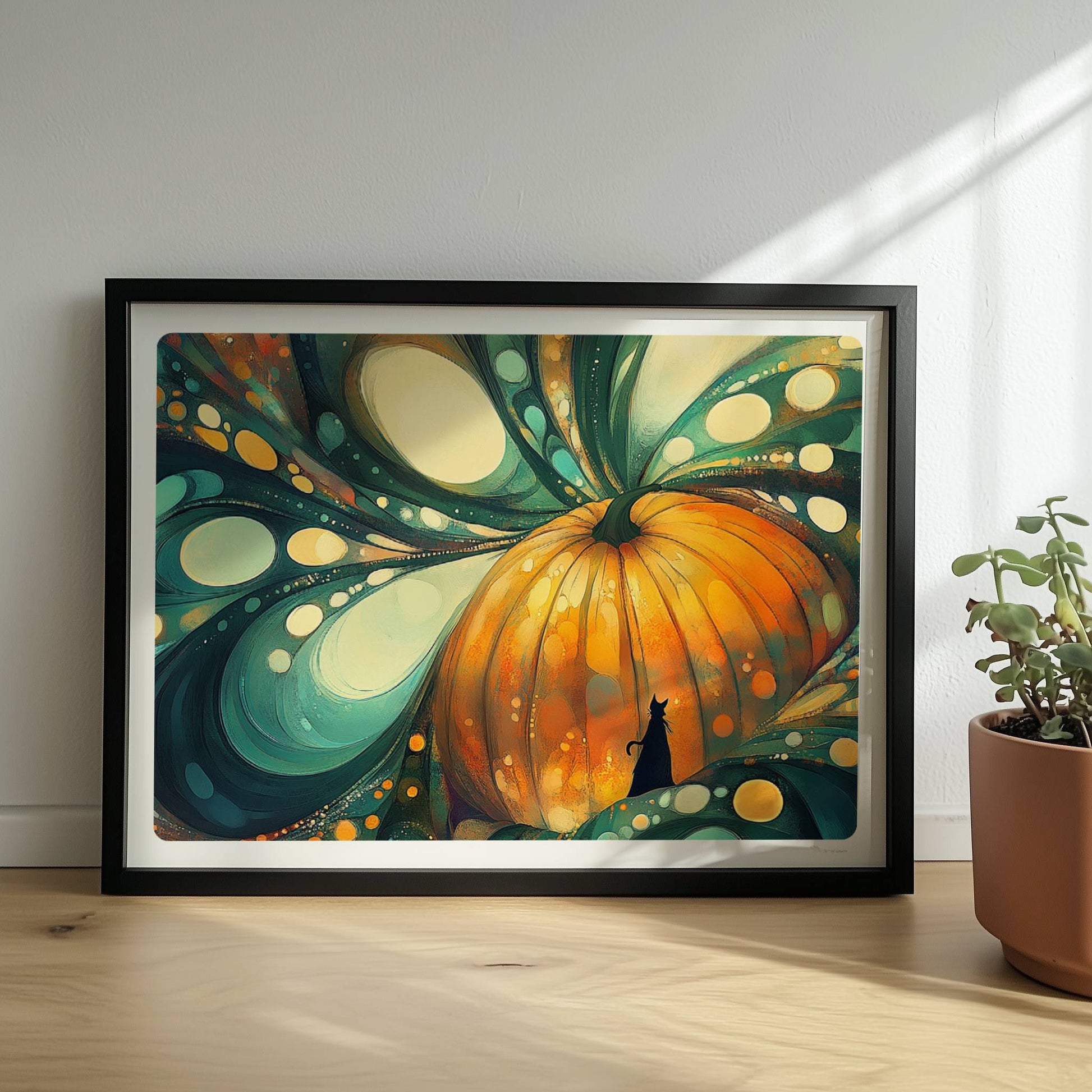 Abstrakter Kürbis mit surrealen Blasenformen und leuchtenden Farben in kunstvoller Komposition.. Rahmen schwarz 40x30