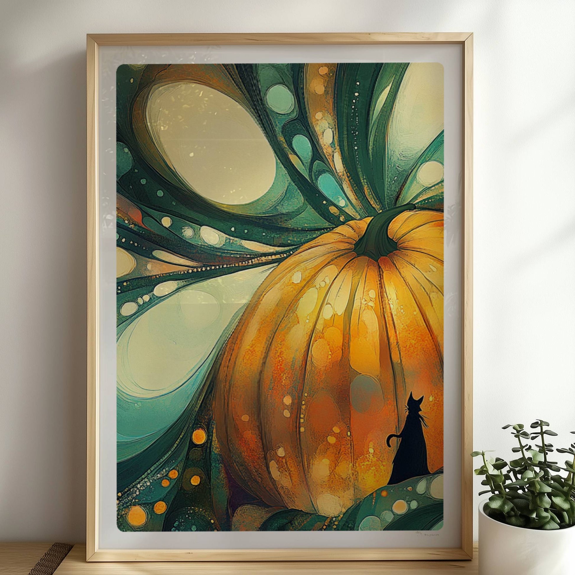 Abstrakter Kürbis mit surrealen Blasenformen und leuchtenden Farben in kunstvoller Komposition.. Rahmen natur 50x70