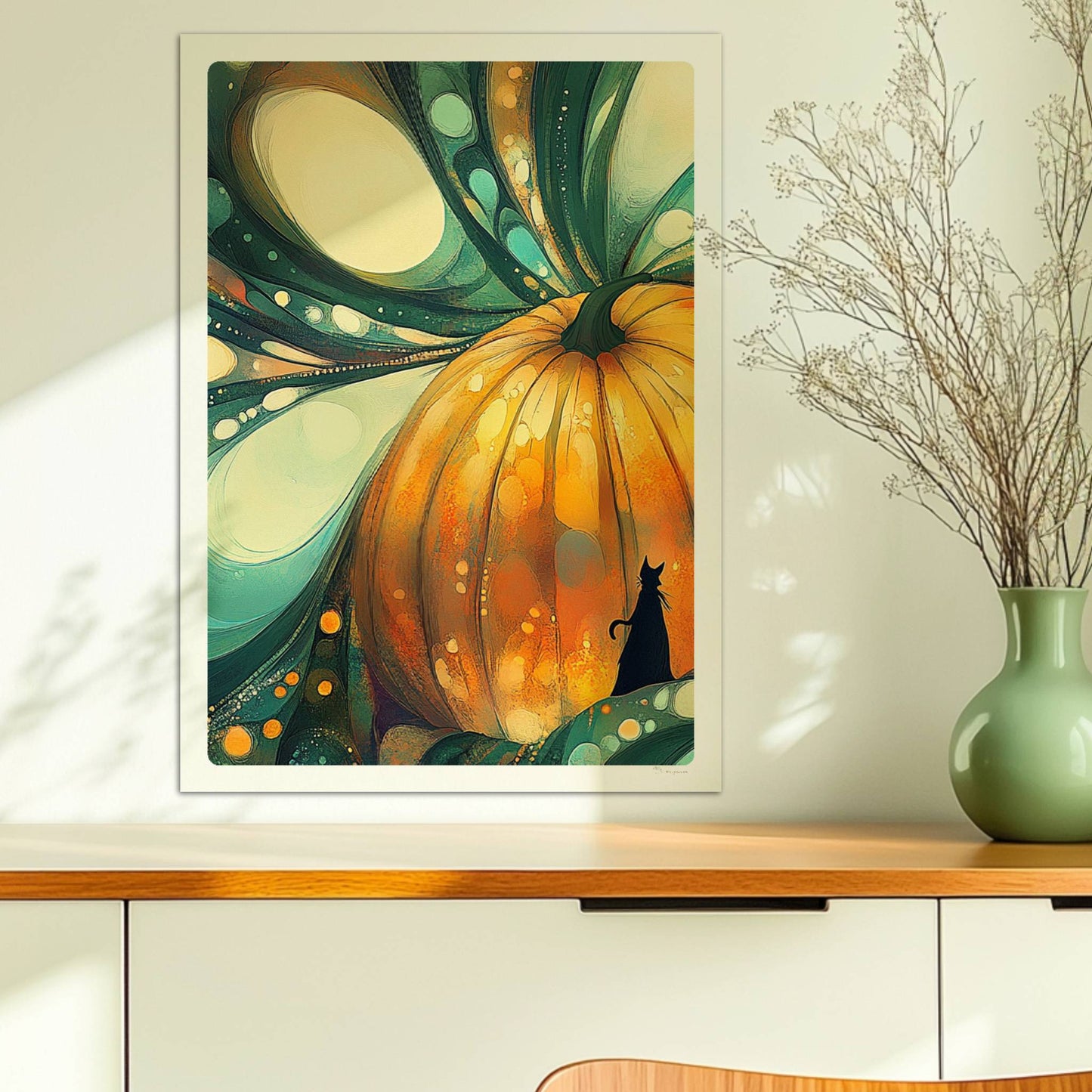 Abstrakter Kürbis mit surrealen Blasenformen und leuchtenden Farben in kunstvoller Komposition.. Ohne Rahmen 50x70