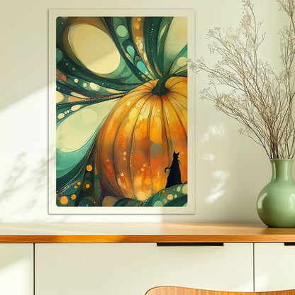 Abstrakter Kürbis mit surrealen Blasenformen und leuchtenden Farben in kunstvoller Komposition.. Ohne Rahmen 50x70