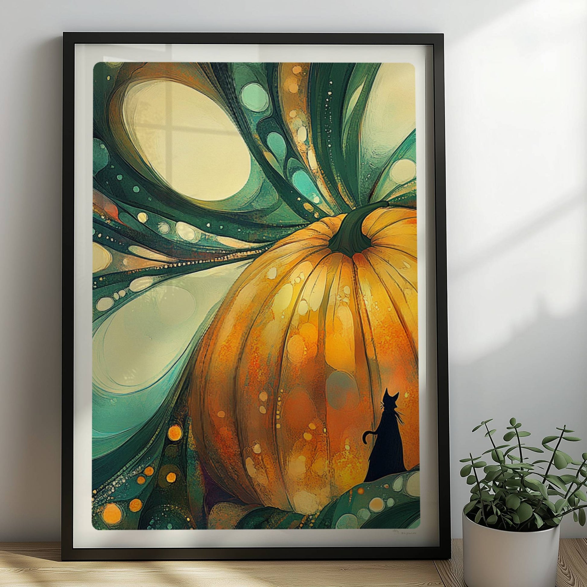 Abstrakter Kürbis mit surrealen Blasenformen und leuchtenden Farben in kunstvoller Komposition.. Rahmen schwarz 50x70