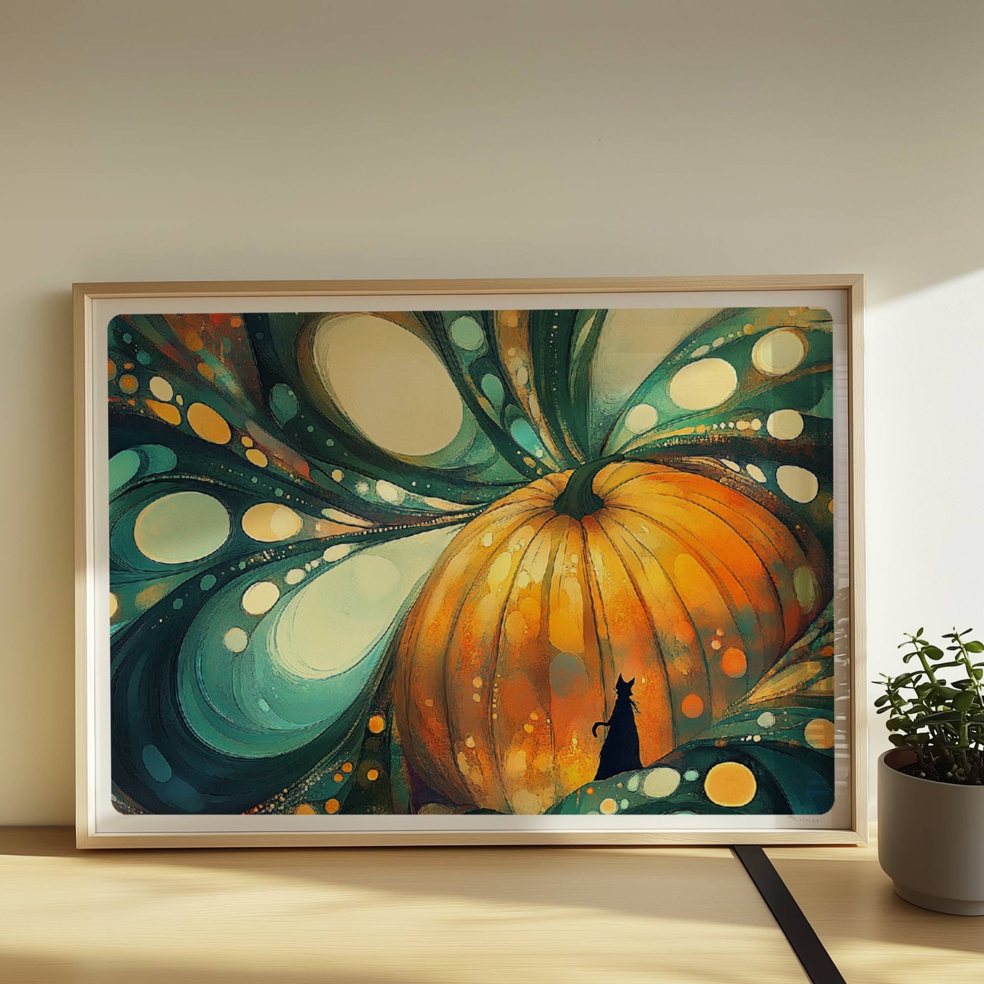Abstrakter Kürbis mit surrealen Blasenformen und leuchtenden Farben in kunstvoller Komposition.. Rahmen natur 70x50