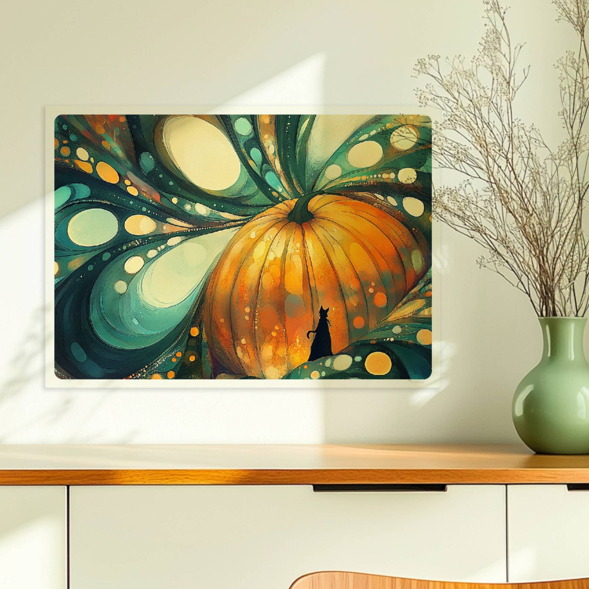 Abstrakter Kürbis mit surrealen Blasenformen und leuchtenden Farben in kunstvoller Komposition.. Ohne Rahmen 70x50