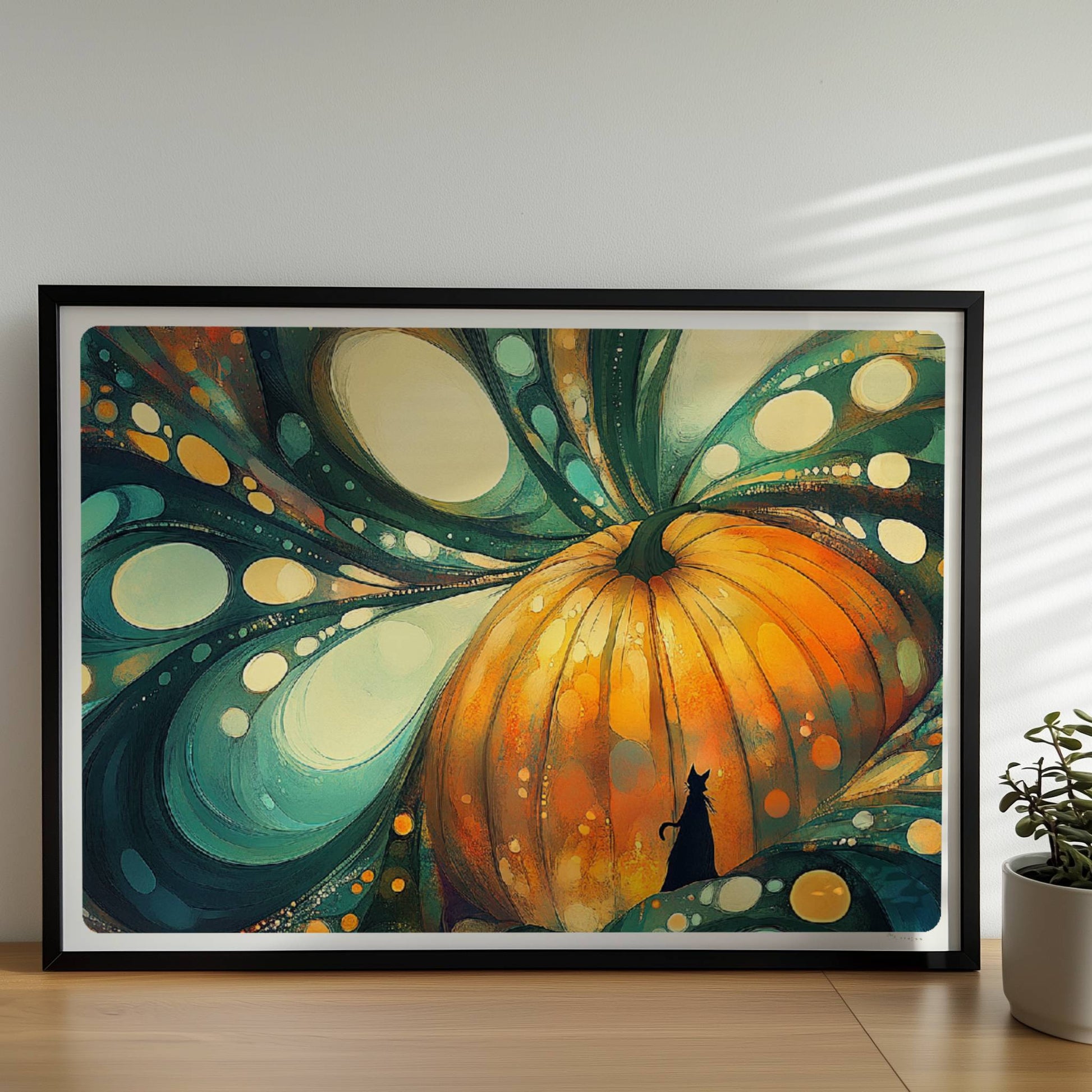 Abstrakter Kürbis mit surrealen Blasenformen und leuchtenden Farben in kunstvoller Komposition.. Rahmen schwarz 70x50