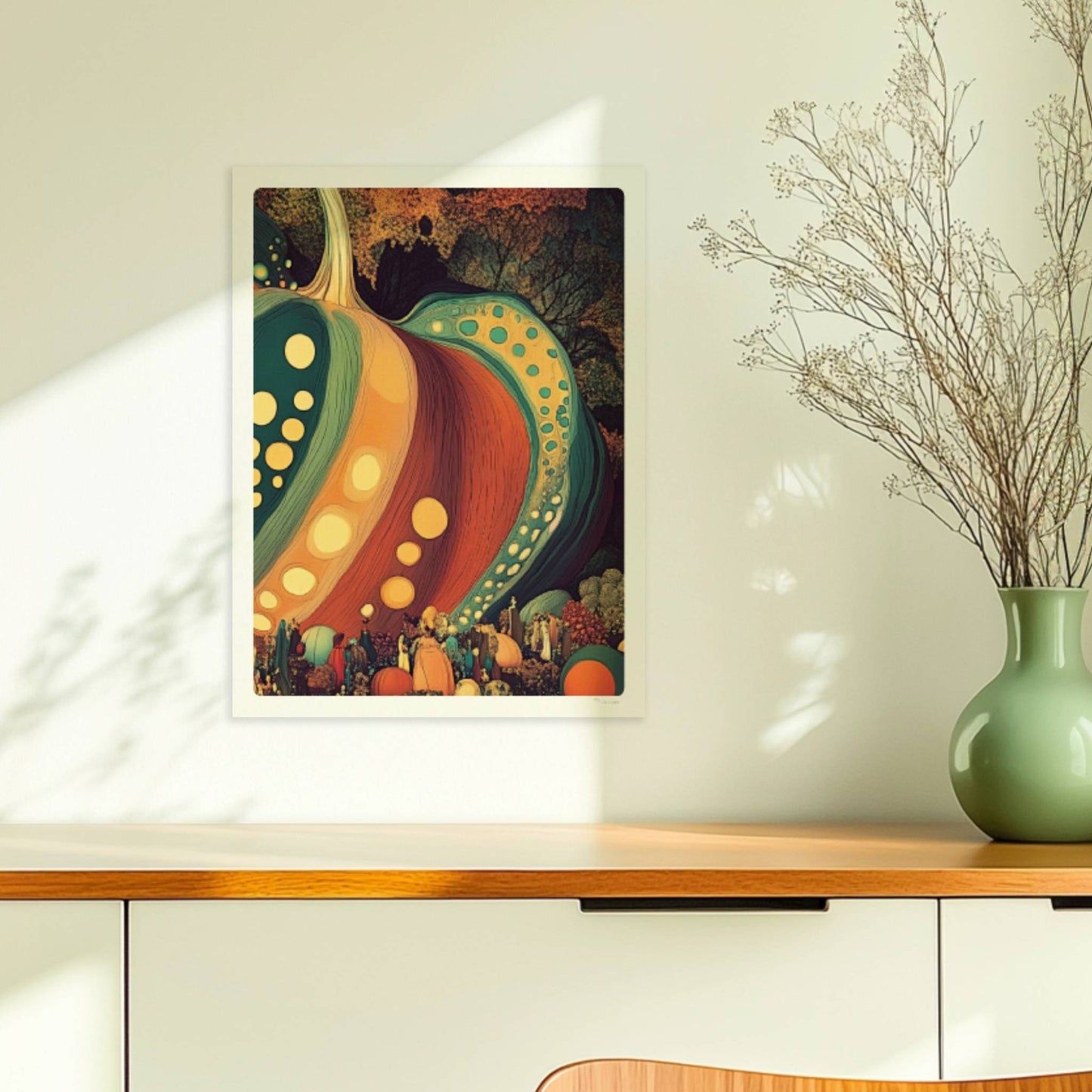 Dreidimensionaler Kürbis mit dynamischen Mustern und kräftigen Herbstfarben in organischem Stil.. Ohne Rahmen 30x40