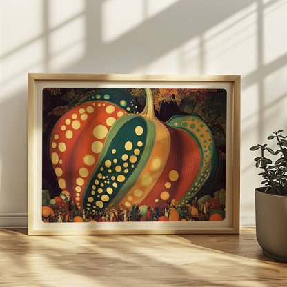 Dreidimensionaler Kürbis mit dynamischen Mustern und kräftigen Herbstfarben in organischem Stil.. Rahmen natur 40x30