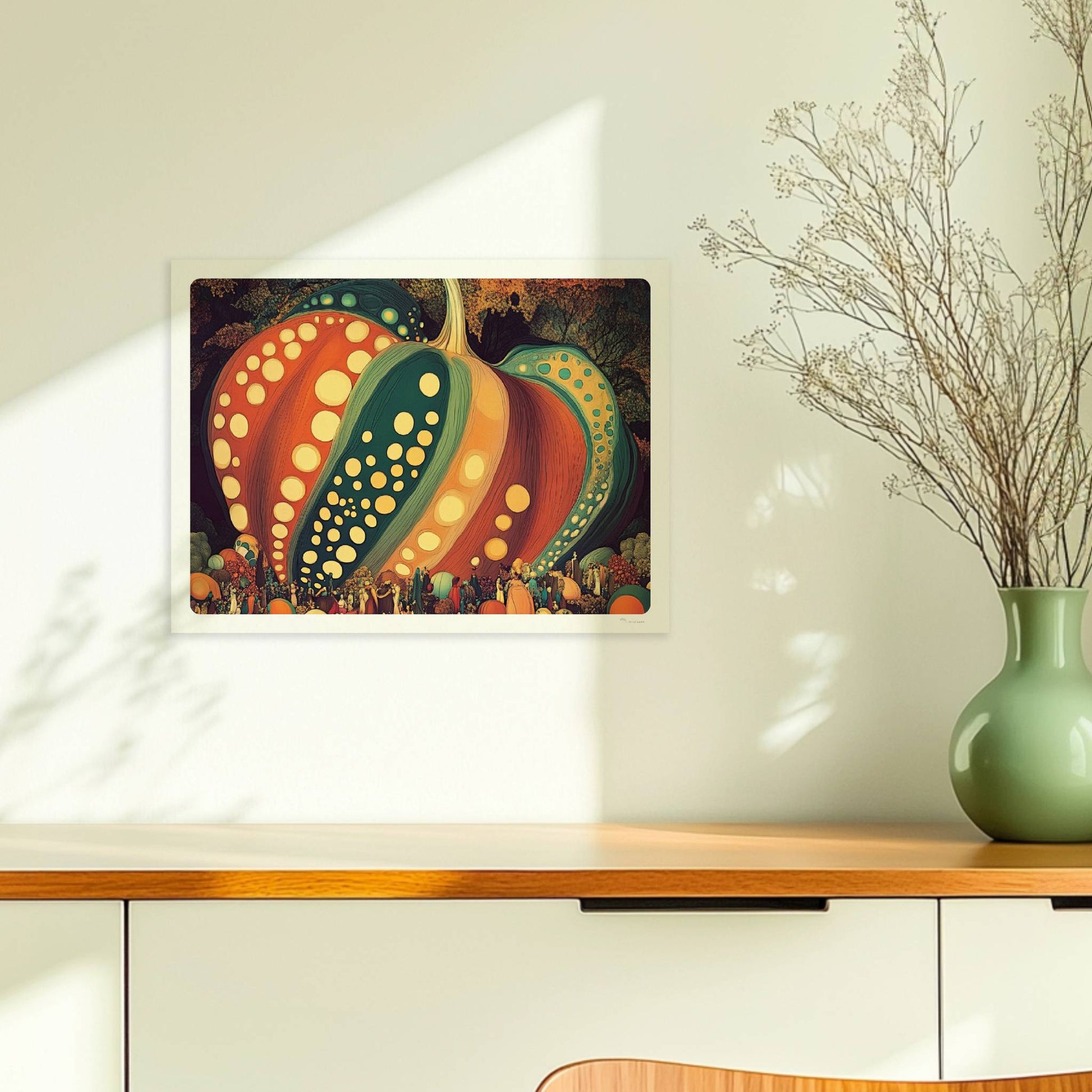 Dreidimensionaler Kürbis mit dynamischen Mustern und kräftigen Herbstfarben in organischem Stil.. Ohne Rahmen 40x30