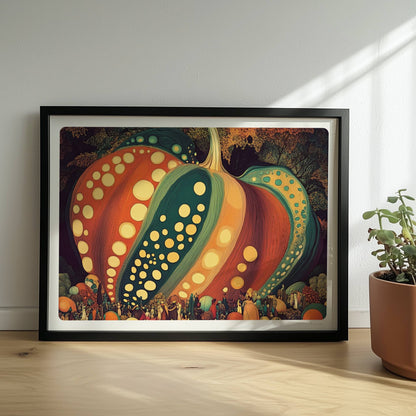 Dreidimensionaler Kürbis mit dynamischen Mustern und kräftigen Herbstfarben in organischem Stil.. Rahmen schwarz 40x30