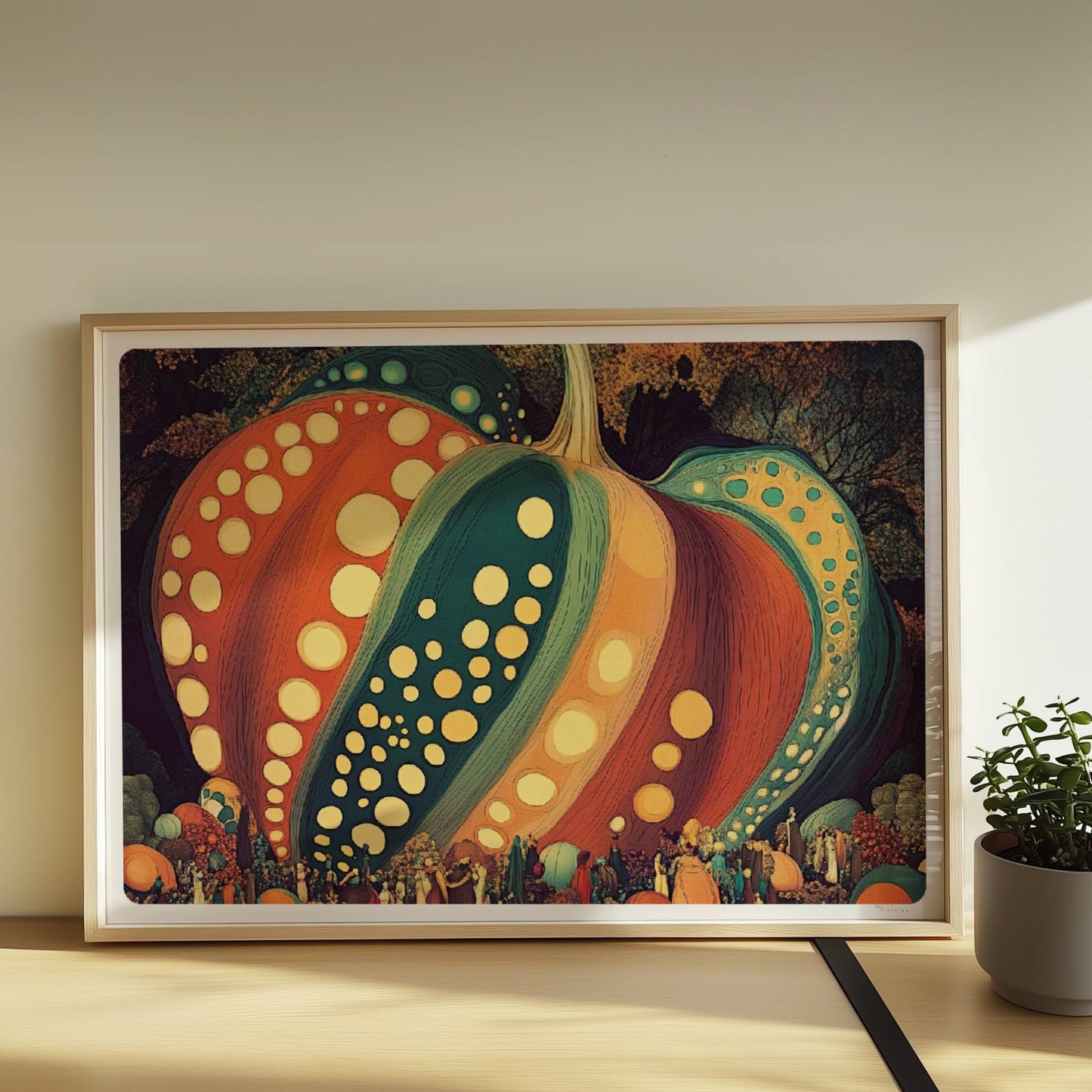 Dreidimensionaler Kürbis mit dynamischen Mustern und kräftigen Herbstfarben in organischem Stil.. Rahmen natur 70x50