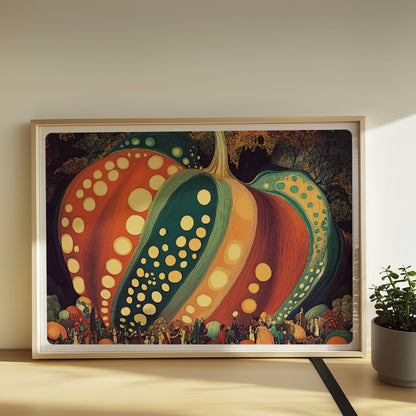 Dreidimensionaler Kürbis mit dynamischen Mustern und kräftigen Herbstfarben in organischem Stil.. Rahmen natur 70x50