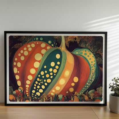 Dreidimensionaler Kürbis mit dynamischen Mustern und kräftigen Herbstfarben in organischem Stil.. Rahmen schwarz 70x50