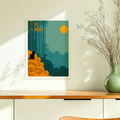 Schwarze Katze sitzt auf einem Kürbisberg im Wald unter einem gelb leuchtenden Mond.. Ohne Rahmen 30x40
