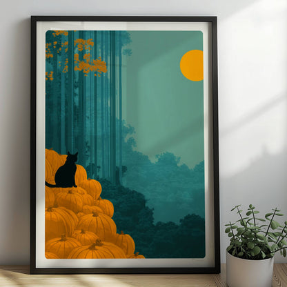Schwarze Katze sitzt auf einem Kürbisberg im Wald unter einem gelb leuchtenden Mond.. Rahmen schwarz 50x70