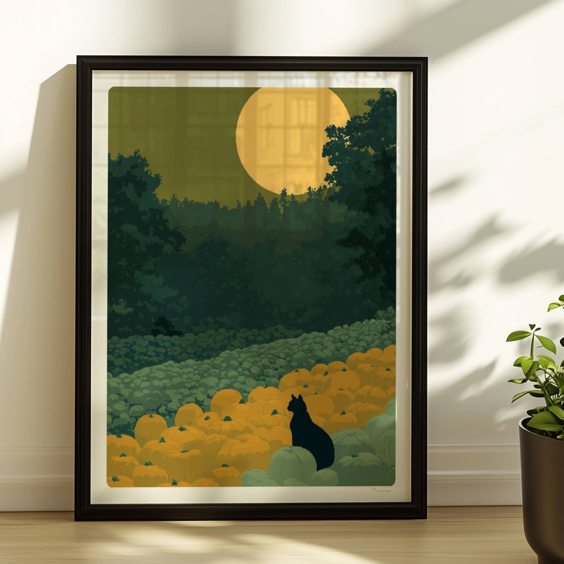 Schwarze Katze wandert durch einen Weg aus Kürbissen bei aufgehendem Mond – mystische Waldszene.. Rahmen schwarz 30x40