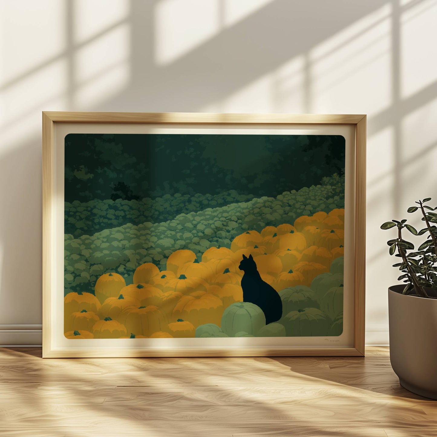 Schwarze Katze wandert durch einen Weg aus Kürbissen bei aufgehendem Mond – mystische Waldszene.. Rahmen natur 40x30
