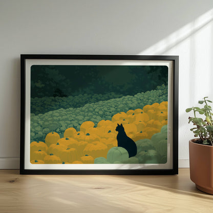 Schwarze Katze wandert durch einen Weg aus Kürbissen bei aufgehendem Mond – mystische Waldszene.. Rahmen schwarz 40x30