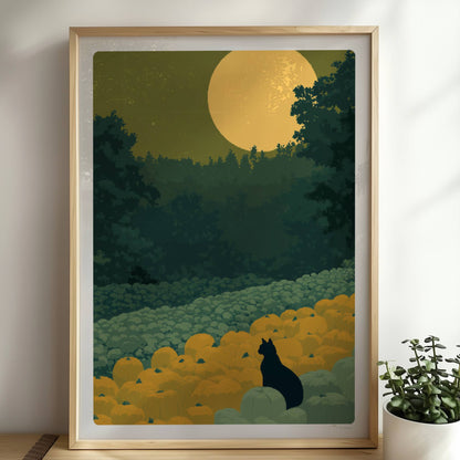 Schwarze Katze wandert durch einen Weg aus Kürbissen bei aufgehendem Mond – mystische Waldszene.. Rahmen natur 50x70