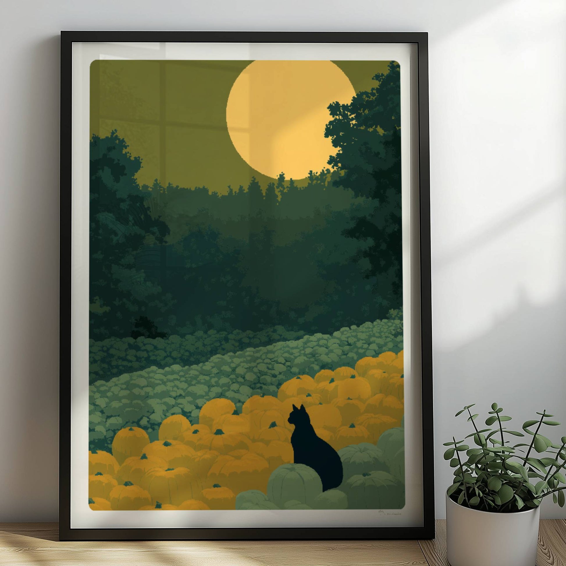 Schwarze Katze wandert durch einen Weg aus Kürbissen bei aufgehendem Mond – mystische Waldszene.. Rahmen schwarz 50x70