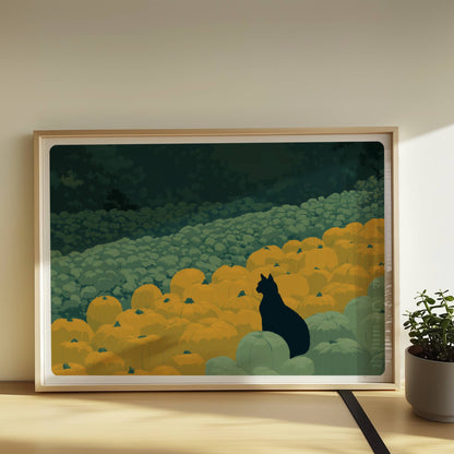 Schwarze Katze wandert durch einen Weg aus Kürbissen bei aufgehendem Mond – mystische Waldszene.. Rahmen natur 70x50