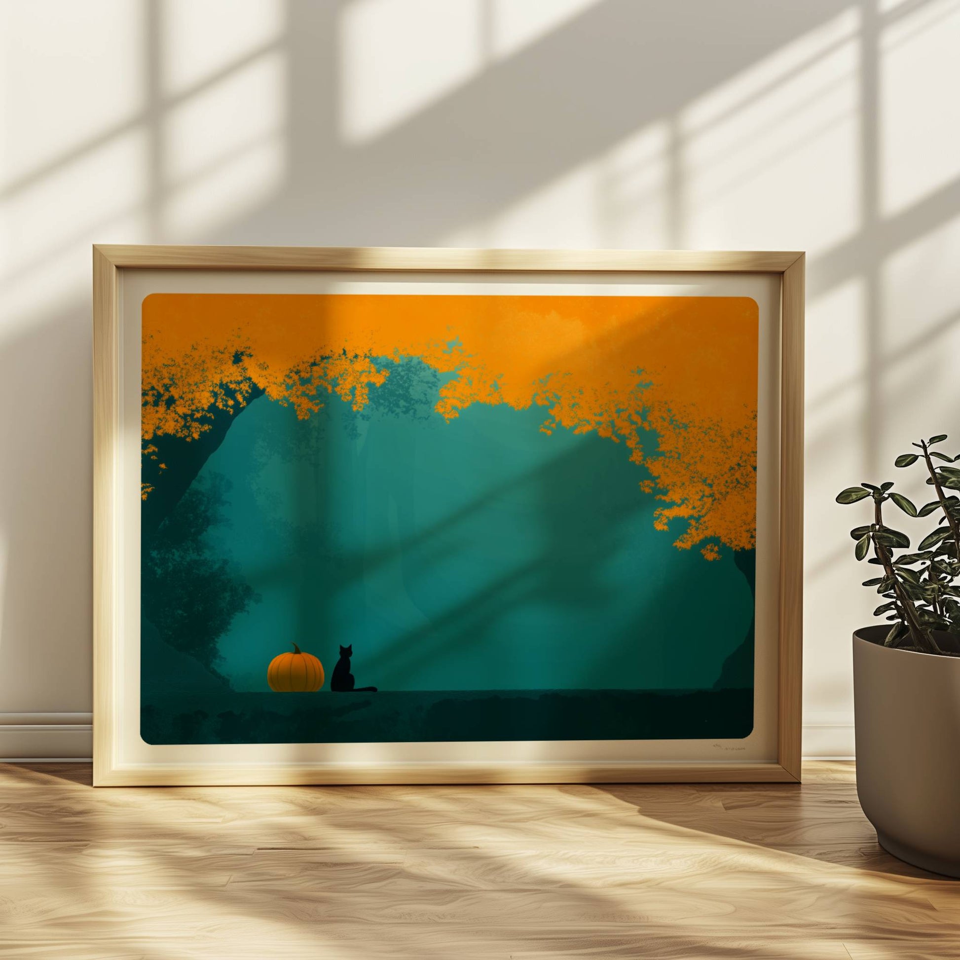 Kleiner Kürbis am Waldrand mit kräftigem Farbspiel aus Orange und Türkis in herbstlicher Stimmung.. Rahmen natur 40x30