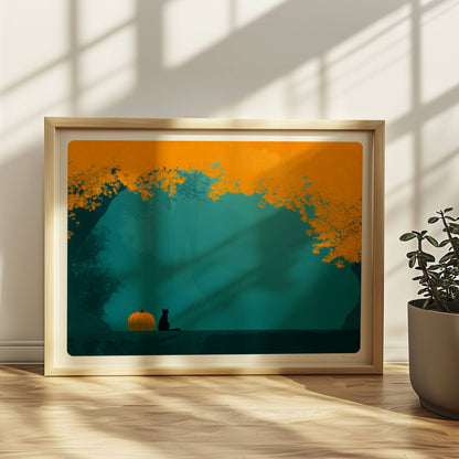 Kleiner Kürbis am Waldrand mit kräftigem Farbspiel aus Orange und Türkis in herbstlicher Stimmung.. Rahmen natur 40x30