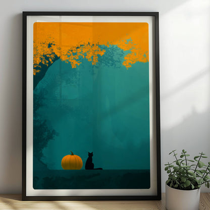 Kleiner Kürbis am Waldrand mit kräftigem Farbspiel aus Orange und Türkis in herbstlicher Stimmung.. Rahmen schwarz 50x70
