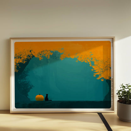 Kleiner Kürbis am Waldrand mit kräftigem Farbspiel aus Orange und Türkis in herbstlicher Stimmung.. Rahmen natur 70x50
