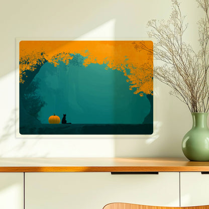 Kleiner Kürbis am Waldrand mit kräftigem Farbspiel aus Orange und Türkis in herbstlicher Stimmung.. Ohne Rahmen 70x50